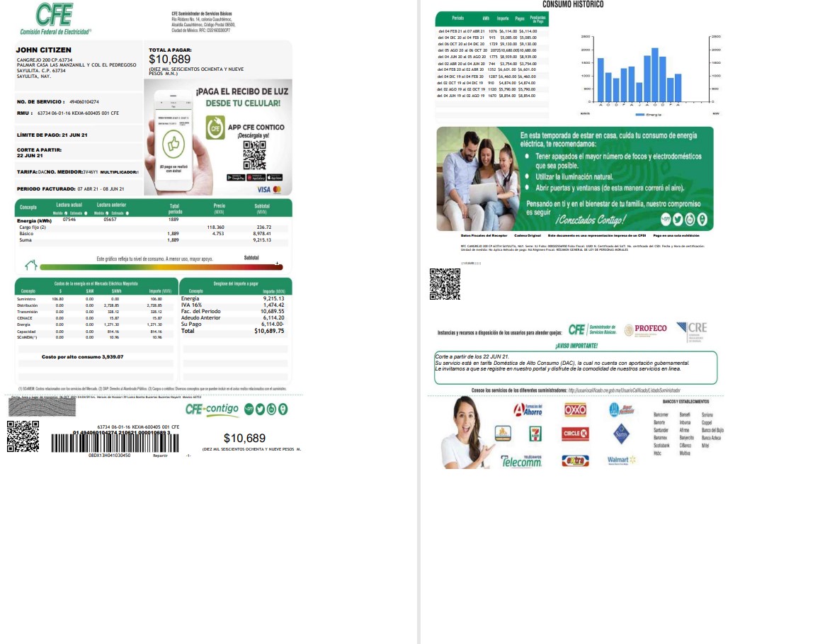 Mexico Federal Electricity Commission (CFE) utility bill template in Word format, 2 pages